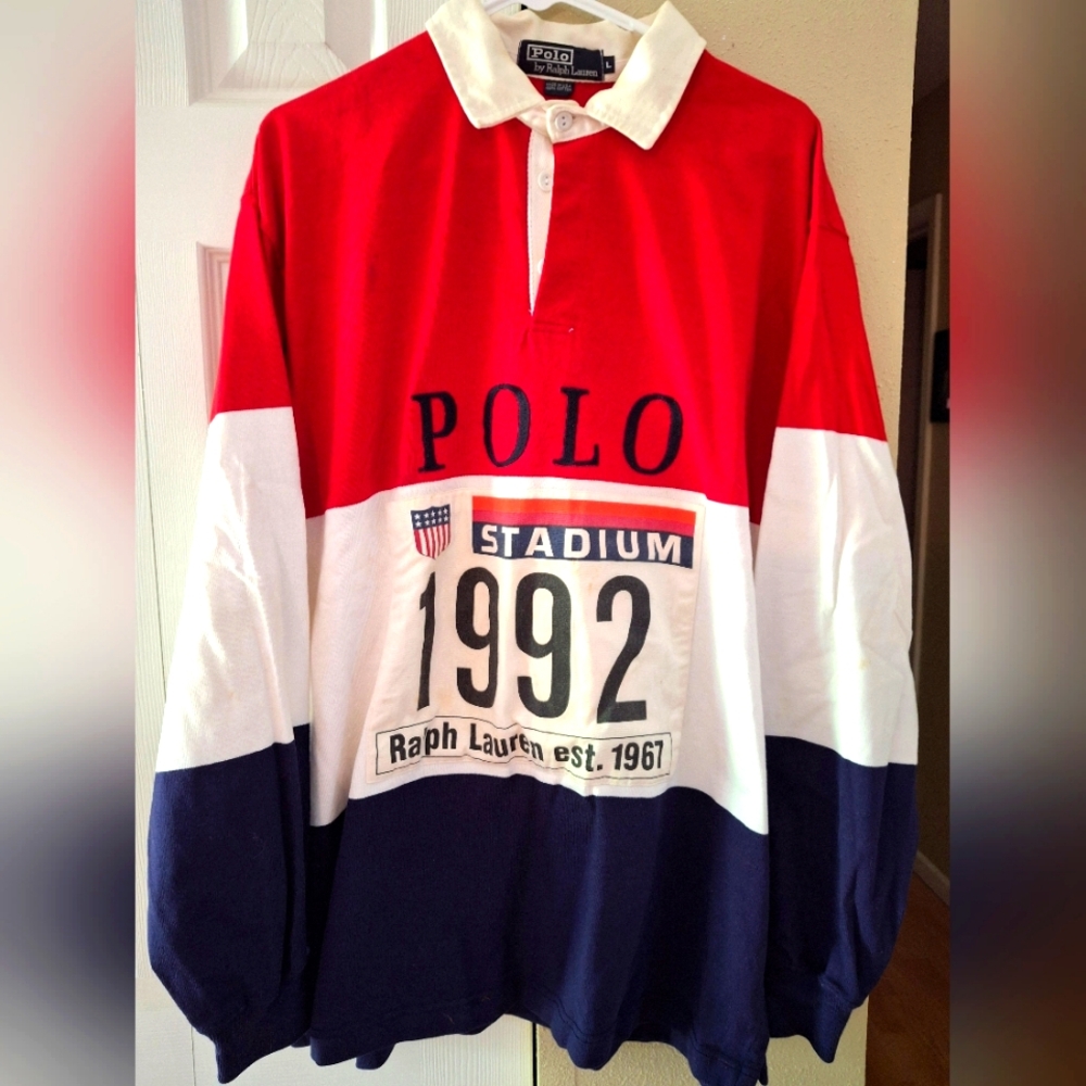 Polo Ralph Lauren Red, White, and Blue Rugby Shirt Vintage Excellent Condition
